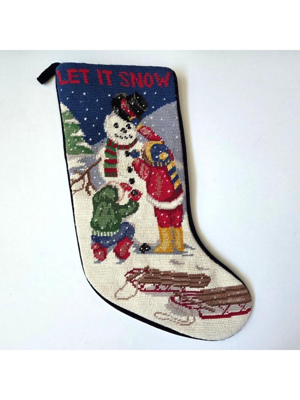 Vintage Needlepoint Christmas Stocking Building Snowman Children Sledding